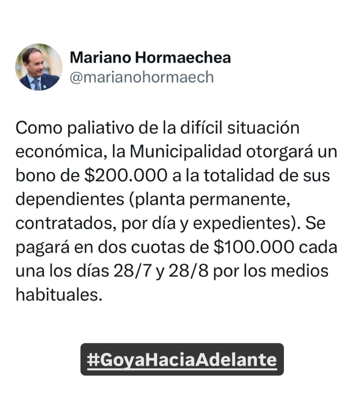 MARIANO HORMAECHEA ANUNCIÓ EL PAGO DE BONO 200 MIL PESOS