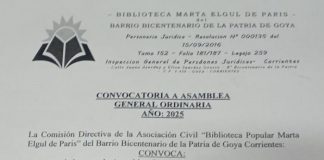 BIBLIOTECA MARTA ELGUL DE PARÍS – del BARRIO BICENTENARIO DE LA PATRIA DE GOYA CONVOCATORIA A ASAMBLEA GENERAL ORDINARIA AÑO: 2025