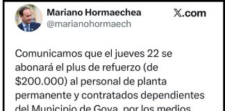 INTENDENTE HORMAECHEA ANUNCIÓ EL PAGO DEL PLUS DE REFUERZO PARA MAÑANA JUEVES