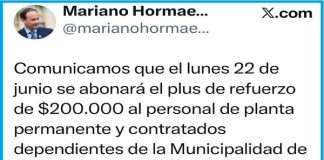 INTENDENTE HORMAECHEA ANUNCIÓ EL PAGO DEL PLUS DE REFUERZO PARA LUNES 22 DE JUNIO